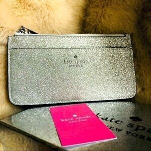 Kate Spade Silver Glitter Slim Wallet Zip Pouch NWT